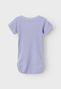 Light purple ribbed baby bodysuit with short sleeves, featuring a lace trim at the neckline and snap closures at the bottom.