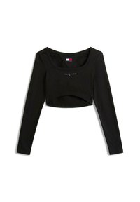 Czarny, długi rękaw, krótki top wykonany z gładkiej tkaniny, z zaokrąglonym dekoltem oraz haftowanym logo "TOMMY JEANS" na środku przodu.