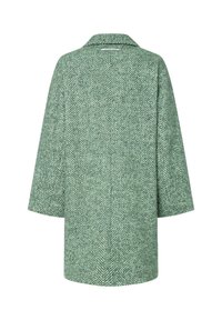 Green herringbone-patterned oversized coat with a collar, featuring wide sleeves and a textured fabric. Back view.
