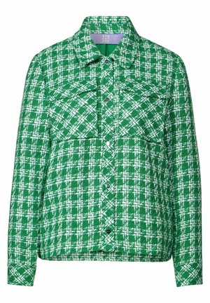 Groene en witte gestreepte jas van textuurstof, met een knoopsluiting aan de voorkant en twee borstzakken.