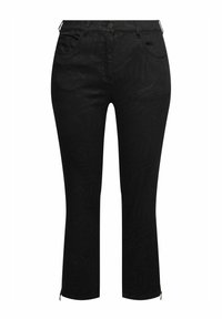 Pantalon noir slim avec poches avant, passants pour ceinture, fermeture par bouton et fermeture éclair, et petites fermetures éclair aux ourlets des chevilles.