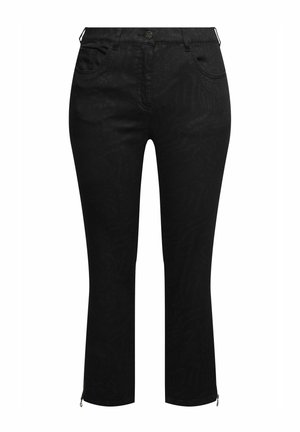 Pantalon noir slim avec poches avant, passants pour ceinture, fermeture par bouton et fermeture éclair, et petites fermetures éclair aux ourlets des chevilles.