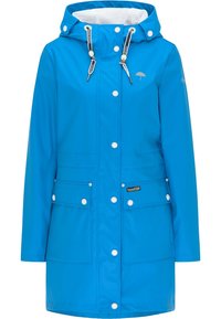 Modrá voděodolná parka s kapucí, se cvoky, dvěma předními kapsami a logem na hrudi. Hladká, lesklá textura.