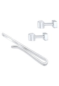 La clip per cravatta in metallo color argento presenta un design elegante e curvo con una finitura lucida, accompagnata da due gemelli quadrati coordinati.