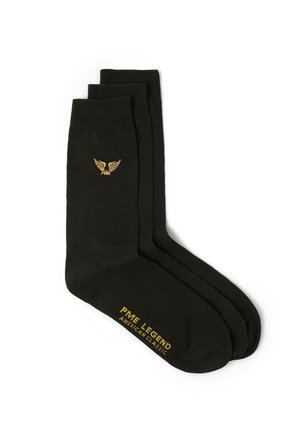 Trois paires de chaussettes noires montantes avec logo jaune PME Legend et détail emblème ailé sur le côté et la semelle.