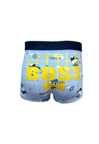 Boxers en coton bleu avec un motif à carreaux, comportant le texte jaune "LITTLE BOSS" et des dessins de pingouins en cartoon. Ceinture bleu marine.