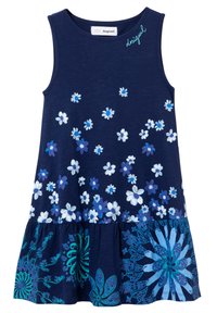 Abito senza maniche blu navy con un motivo floreale nelle tonalità di blu e bianco, con orlo arricciato e dettagli decorativi turchesi.