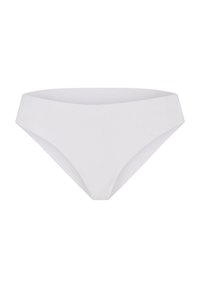 Fehér bikini alja sima anyagból, minimalista dizájnnal, V-alakú derékkal és közepes takarással. Nincsenek díszítések.