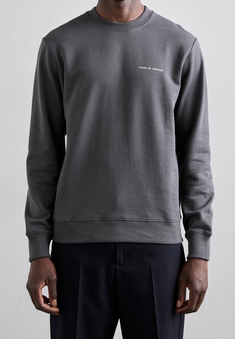Gray sweatshirt with long sleeves, ribbed neckline and cuffs, featuring a small white logo text on the chest. Soft, smooth texture.