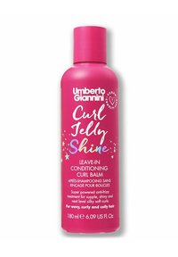 Roze fles van Umberto Giannini Curl Jelly Shine, 180 ml, met witte tekst. Kenmerkt steraccenten en een verhoogde dop. Leave-in krullenbalsem.