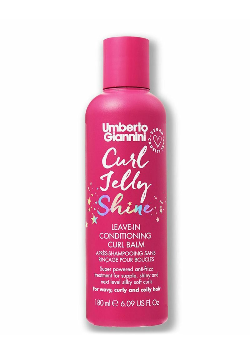Roze fles van Umberto Giannini Curl Jelly Shine, 180 ml, met witte tekst. Kenmerkt steraccenten en een verhoogde dop. Leave-in krullenbalsem.