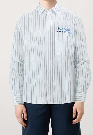 Person wearing a white button-up shirt with blue vertical stripes and a pocket on the left chest embroidered with "BLOOMERS COLLECTIVE."