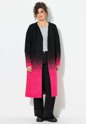 Cardigan lungo con una gradazione dal nero a un rosa vivace, realizzato in tessuto strutturato. Apertura frontale con maniche lunghe e senza chiusure.