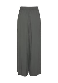 Hlače širokih nogavica od tamnosivog platna, s elastičnim pojasom, glatke teksture i bez vidljivih metalnih dijelova ili uzoraka.