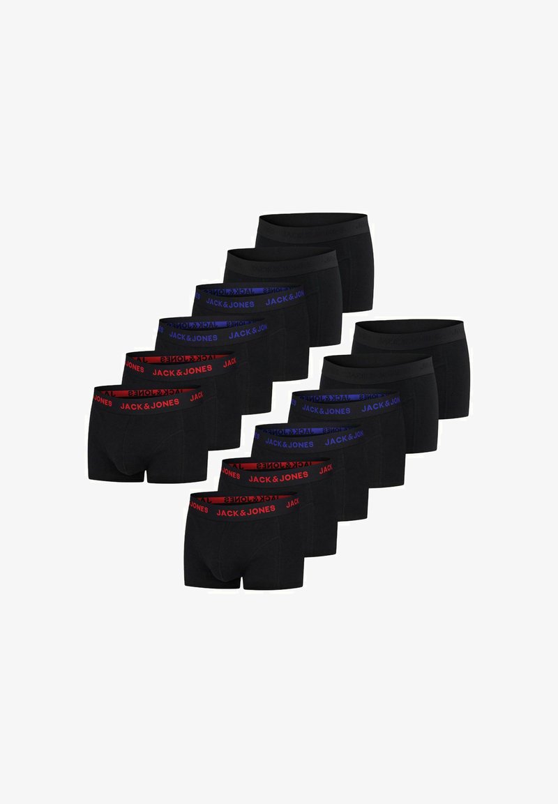 Paket mit schwarzen Boxershorts, die elastische Taillenbänder in Rot und Blau mit "JACK & JONES" Branding aufweisen und eine glatte Textur sowie einen figurbetonten Schnitt präsentieren.