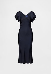 Tenger�észkék szatén ruha fodros, rövid ujjakkal, testhezálló felsőrésszel és bővülő aljjal. Hátul cipzáras, átlós varrásdíszítéssel.