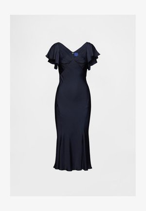 Tengerészkék szatén ruha fodros, rövid ujjakkal, testhezálló felsőrésszel és bővülő aljjal. Hátul cipzáras, átlós varrásdíszítéssel.