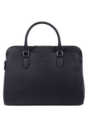 Sac à main en cuir noir avec une texture granuleuse, design structuré, double poignées supérieures et quincaillerie métallique. Dispose d'une fermeture éclair et d'accents minimaux.