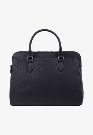 Black leather handbag with a pebbled texture, structured design, dual top handles, and metal hardware. Features a zip closure and minimal accents.