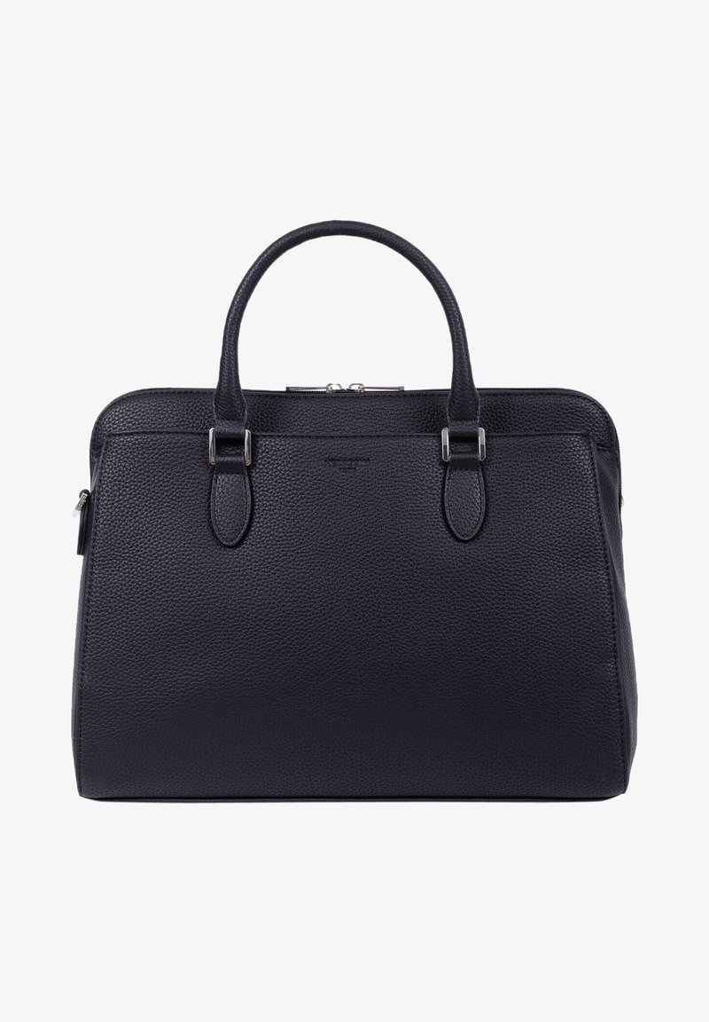 Sac à main en cuir noir avec une texture granuleuse, design structuré, double poignées supérieures et quincaillerie métallique. Dispose d'une fermeture éclair et d'accents minimaux.
