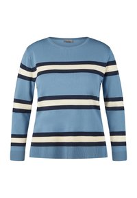Blauer Langarmpullover mit horizontalen Streifen in Marineblau und Creme. Glattes Strickmaterial mit rundem Ausschnitt und gerippten Bündchen.