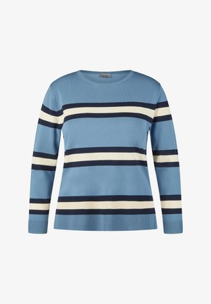 Blauer Langarmpullover mit horizontalen Streifen in Marineblau und Creme. Glattes Strickmaterial mit rundem Ausschnitt und gerippten Bündchen.