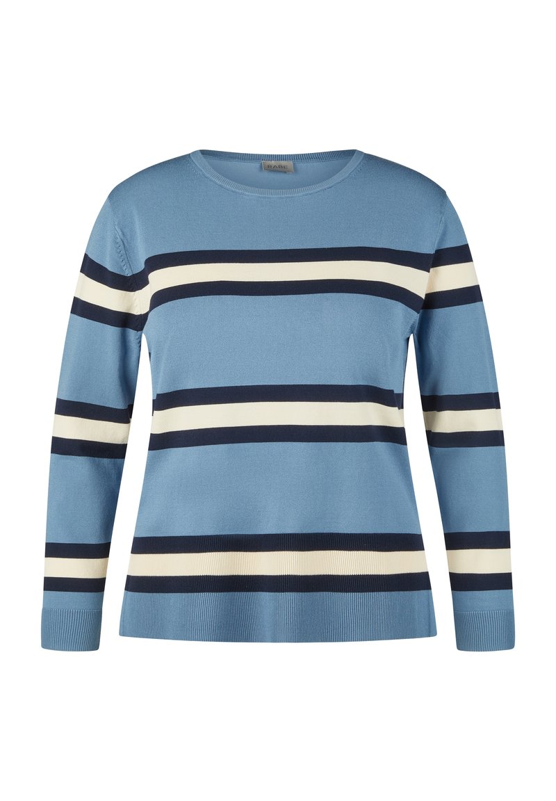 Blauer Langarmpullover mit horizontalen Streifen in Marineblau und Creme. Glattes Strickmaterial mit rundem Ausschnitt und gerippten Bündchen.
