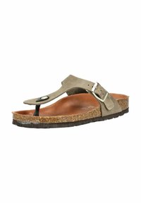 Light green suede flip-flop sandal with a black toe post and adjustable metallic buckle. Cork footbed with a textured brown rubber outsole.
