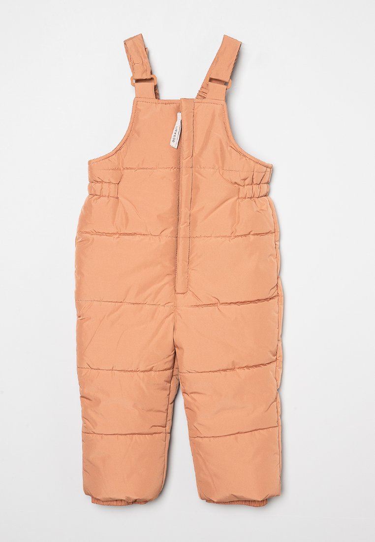 Gestreifte, zweifarbige, gepolsterte Latzhose in Sandfarben mit verstellbaren Trägern, elastischem Bund und weitem Bein, verziert mit horizontalen Nähten.