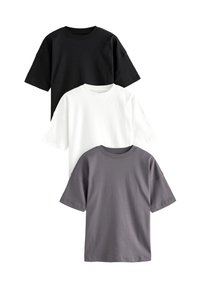 Drei kurzärmlige T-Shirts: schwarz, weiß und grau. Aus weicher Baumwolle gefertigt, mit einem klassischen Rundhalsausschnitt und oversized Passform.