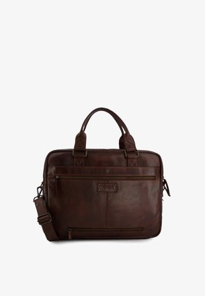 Dunkelbraune Lederaktentasche mit zwei Griffen, verstellbarem Schulterriemen, vorderen Reißverschlusstaschen und eingeprägtem Markenlogo auf glatter Oberfläche.