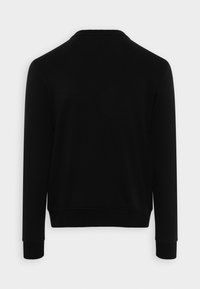 Felpa nera con maniche lunghe, collo a giro, e polsini a costine. Presenta una texture liscia, un colore solido e un design a vestibilità comoda.