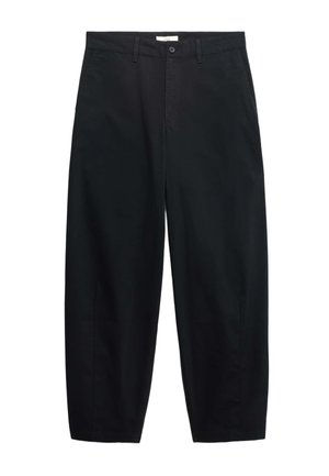 Black straight-leg trousers with belt loops, front button, zip closure, and side pockets, displayed flat on a white background.