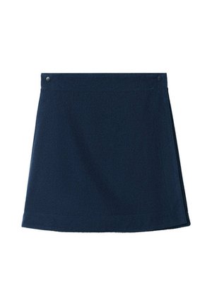 Jupe trapèze bleu marine avec boutons-pression à la taille sur un fond blanc uni.