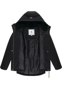 Czarna kurtka z kapturem, wyposażona w miękką, teksturowaną podszewkę, zamkiem błyskawicznym z przodu, napami oraz metką z logo w środku. Standardowy krój do noszenia w warstwach.