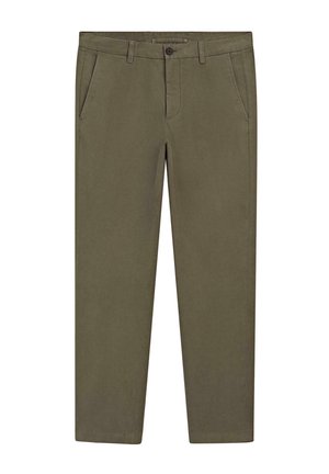 Pantalons droit en coton de couleur vert olive. Comprend des poches avant et une fermeture à bouton à la taille. Sans motifs ni accents.