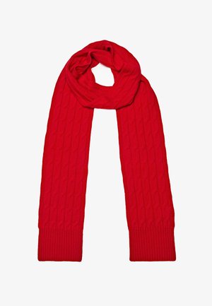Écharpe rouge en tricot avec un motif torsadé texturé et des extrémités côtelées, offrant chaleur et ajustement confortable. Sa longueur est adaptée à différentes options de style.