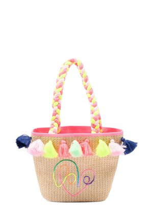 Borsa da spiaggia con manici intrecciati rosa e gialli, nappine multicolori e design a cuore arcobaleno su materiale in paglia intrecciata.