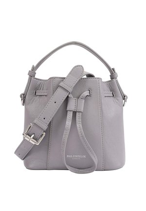 Gray leather bucket bag with adjustable shoulder strap, top handle, and polished silver hardware. Notable branding on the side.