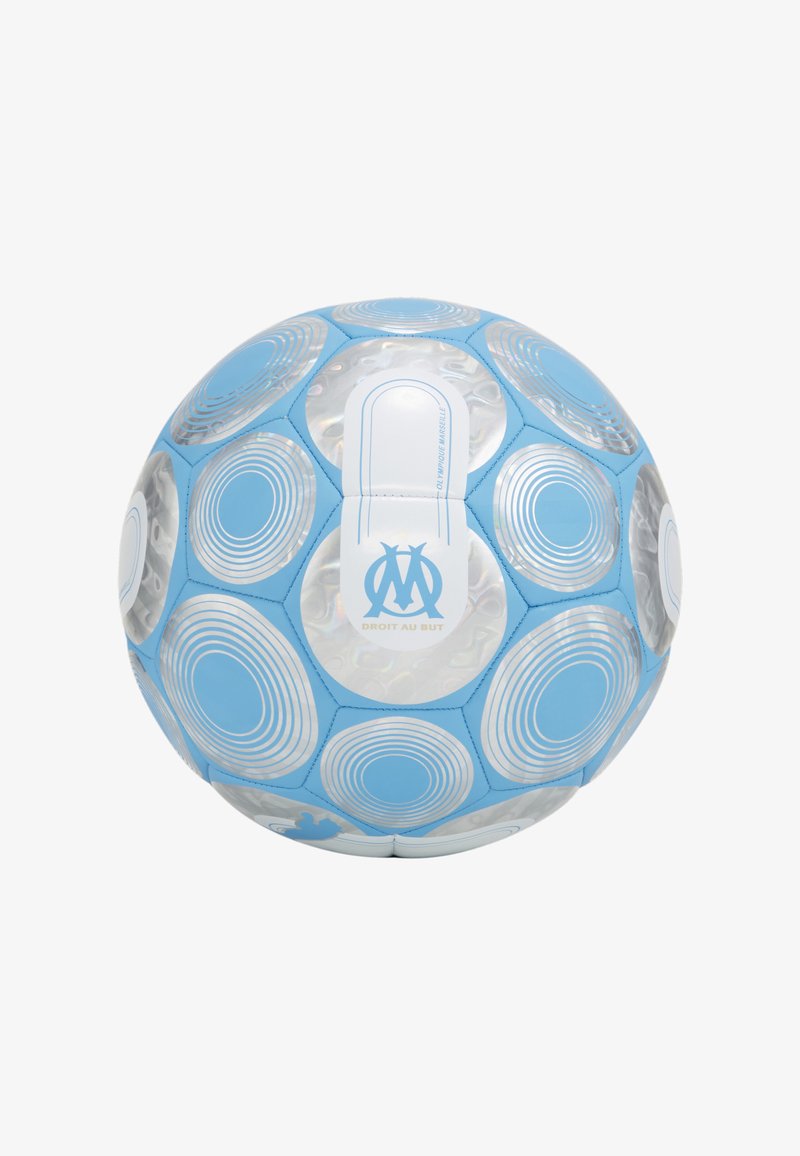 Ballon de football synthétique bleu et blanc avec des motifs circulaires, une surface texturée et un logo imprimé. Présente un design hexagonal.