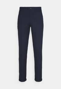 Námořnicky modré kostkované kalhoty z texturované látky, s knoflíkovým zapínáním a ohrnutými lemy pro upravený vzhled.