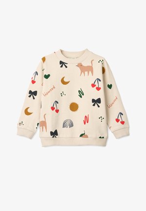 Kremo spalvos fliso sportinis megztinis su žaismingais raštais, įskaitant kates, širdis, kaspinais ir saules įvairiomis spalvomis. Raukšlėtos rankovių ir kaklo kraštai.