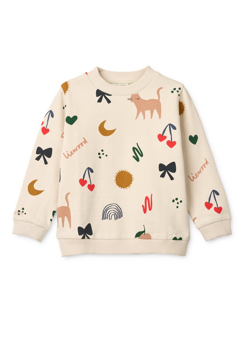 Sudadera de forro polar crema con patrones divertidos que incluyen gatos, corazones, lazos y soles en varios colores. Puños y cuello acanalados.