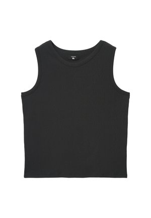 Canotta nera senza maniche a coste con scollo tondo, etichetta taglia XL visibile all'interno del collo.