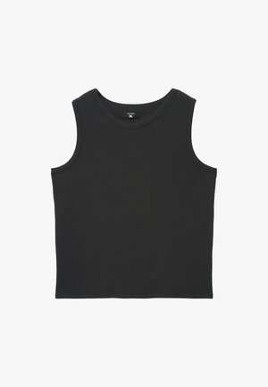 Canotta nera senza maniche a coste con scollo tondo, etichetta taglia XL visibile all'interno del collo.
