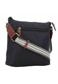 Navy Nylon Umhängetasche mit einem Reißverschluss-Frontfach, braunen Lederakzenten und einem gestreiften Stoff-Schultergurt. Kompakte rechteckige Form.