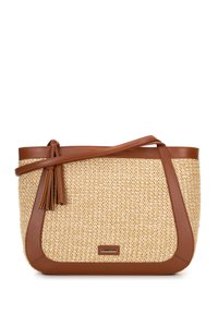 Geweven stro tote tas met bruin lederen accenten en een kwastdetail. Heeft een rechthoekige vorm en stevige schouderriem.