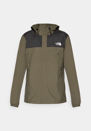 Olive green jacket with a black upper section and hood. Features elastic cuffs, zipper pockets, and a logo on the left side of the chest.
