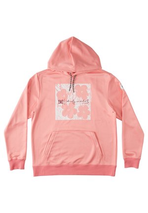 Sudadera rosa con un bolsillo frontal, capucha con cordón y un gráfico floral cuadrado centrado en el pecho. Tejido suave, fit relajado.