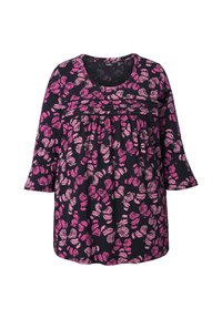 Blaues Tunika-Oberteil mit floralem Muster, verziert mit rosa Schmetterlingen und Blumen, rundem Ausschnitt, 3/4-Ärmeln und einem plissierten Oberkörper-Design.